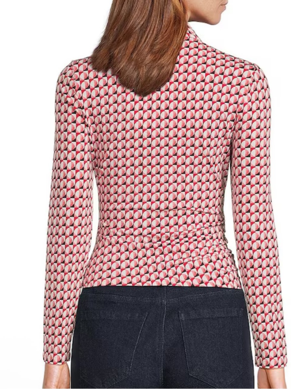 NIC+ZOE Geo Circles Vneck Red White Geometric Wrap Long Sleeve Top Small - Picture 2 of 11